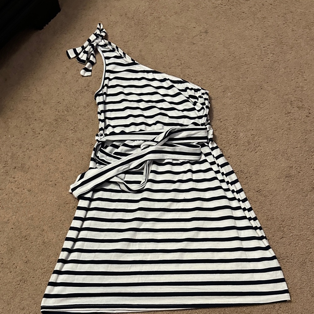 Navy and White Striped One-Shoulder Dress